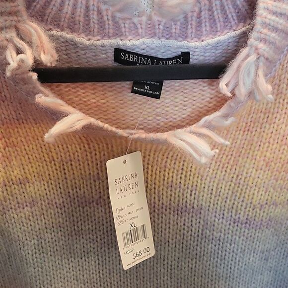 Sabrina Lauren Pastel Colorblock Frayed Hem V-Neck Knit Sweater Size X-L… - Picture 6 of 6
